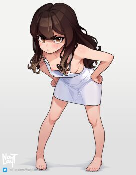 1girl :t artist_name barefoot bent_over blush breast_slip breasts brown_eyes brown_hair commentary downblouse dress english_commentary feet full_body furrowed_brow grey_background hand_on_own_hip highres iona_(nayt_layt) long_hair looking_at_viewer nayt_layt nipples no_bra original perky_breasts petite pout small_breasts solo strap_slip thick_eyebrows toes watermark web_address white_dress