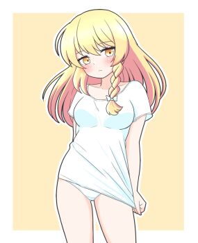 Rule 34 | 1girl, alternate costume, blonde hair, blush, bow, braid, breasts, closed mouth, commentary request, hair bow, highres, kirisame marisa, long hair, looking at viewer, medium breasts, missing headwear, naked shirt, panties, shirt, shirt tug, side braid, single braid, solo, touhou, underwear, white bow, white panties, yellow eyes, zenji029