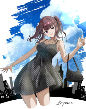 1girl bag bare_arms bare_shoulders black_bag black_dress black_ribbon blue_eyes blunt_bangs bracelet breasts brown_hair commentary_request contrapposto cropped_legs dress hair_ribbon hand_up handbag head_tilt highres jewelry k-yous light_blush looking_at_viewer medium_breasts medium_hair mole mole_under_eye natsuki_karin necklace outdoors polka_dot polka_dot_dress ribbon short_dress signature sleeveless sleeveless_dress solo spaghetti_strap sundress synthesizer_v thighs twintails w