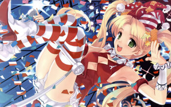 1girl armlet armpits blazer blonde_hair boots breasts cameltoe circus cleavage cleavage_cutout clothing_cutout clown confetti copyright_request eiffel_tower female_focus flag french_flag frills green_eyes hair_ornament hairclip hat high_heels highres jacket jewelry legs long_hair misaki_kurehito nail_polish open_mouth panties pantyshot pleated_skirt polka_dot red_nails shoes skirt small_breasts smile solo source_request spotlight star_(symbol) striped_clothes striped_thighhighs thighhighs trapeze_(object) twintails underwear upskirt
