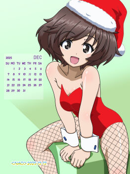 Rule 34 | 1girl, akiyama yukari, blush, breasts, brown eyes, brown hair, calendar (medium), commentary request, fishnet pantyhose, fishnets, girls und panzer, hat, highres, leotard, looking at viewer, naotosi, open mouth, pantyhose, red leotard, santa costume, santa hat, short hair, small breasts, smile, solo, white wrist cuffs, wrist cuffs