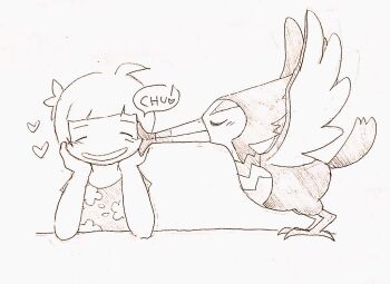 ahoge bird blunt_bangs blush closed_eyes commentary_request floral_print gen_7_pokemon hands_on_own_face head_rest heart horubi_non kiss kissing_cheek nintendo open_mouth pokemon pokemon_(creature) pokemon_focus short_hair simple_background smile speech_bubble traditional_media trumbeak white_background