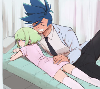 2boys alternate_costume ass asymmetrical_hair aus_vaka bed black_necktie blue_hair bulge closed_eyes closed_mouth collared_shirt crossdressing crossdressing_(mtf) curtains dress earrings galo_thymos green_hair grin hand_on_another's_ass highres hospital_bed jacket jewelry lio_fotia lying male_focus mohawk multiple_boys necktie nurse on_bed on_side on_stomach panties pillow pink_dress promare purple_eyes shirt short_hair sidecut sidelocks smile thighhighs trap triangle_earrings undercut underwear white_jacket white_panties white_shirt white_thighhighs yaoi