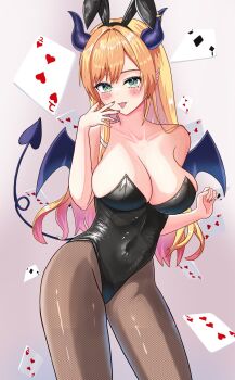1girl animal_ears bare_shoulders black_horns black_leotard black_tail black_wings blonde_hair breasts card cleavage cowboy_shot demon_girl demon_horns demon_tail demon_wings fake_animal_ears fishnet_pantyhose fishnets green_eyes highres hololive horns large_breasts leotard long_hair mizoleoekaki pantyhose playboy_bunny playing_card pointy_ears rabbit_ears simple_background solo strapless strapless_leotard tail virtual_youtuber wings yuzuki_choco