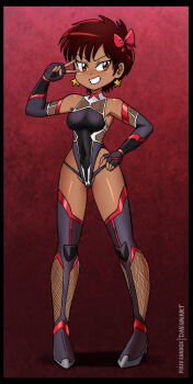 1girl black_boots black_gloves black_leotard blush boots bow breasts brown_hair cosplay dakunart dark_skin fingerless_gloves gloves grin hair_bow hair_ornament hand_on_own_hip highleg highleg_leotard highres leotard looking_at_viewer medium_breasts mizuki_yukikaze mizuki_yukikaze_(cosplay) original red_background red_bow red_eyes short_hair smile standing star_(symbol) star_hair_ornament taimanin_(series) taimanin_yukikaze teeth thigh_boots v xiomara_(dakunart)