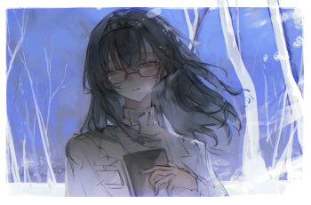 1girl arknights black_hair black_hairband chinese_commentary coat commentary_request expressionless hairband highres id_card lab_coat lch long_hair long_sleeves looking_at_viewer parted_lips priestess_(arknights) solo sweater turtleneck turtleneck_sweater upper_body white_coat white_sweater