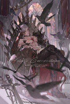 1boy absurdres ameng animal animal_on_lap bird black_horns black_pants body_markings cat cat_on_lap chest_jewel claws closed_mouth crossed_legs crow grey_hair highres hissing horns love_and_deepspace male_focus on_lap pants parted_bangs red_eyes short_hair sitting solo sylus_(love_and_deepspace) topless_male