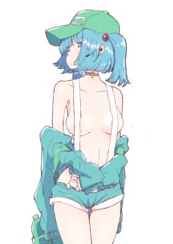 1girl alternate_costume bad_id bad_pixiv_id baseball_cap blue_eyes blue_hair blue_shirt breasts closed_mouth collarbone cowboy_shot denim denim_shorts earrings green_hat hair_bobbles hair_ornament hat highres jewelry kawashiro_nitori key key_necklace looking_to_the_side lowleg lowleg_shorts medium_breasts microphone naked_suspenders navel necklace non_(z-art) nude shirt short_hair short_twintails shorts sleeves_past_fingers sleeves_past_wrists solo suspender_shorts suspenders touhou twintails unworn_shirt white_background