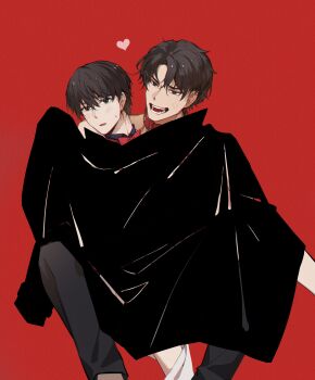 2boys absurdres black_hair commentary_request curtained_hair hands_up head_tilt heart highres kim_dokja male_focus multiple_boys omniscient_reader&#039;s_viewpoint open_mouth sanjinmogufufu short_hair sitting sitting_on_lap sitting_on_person sweatdrop yaoi yoo_joonghyuk