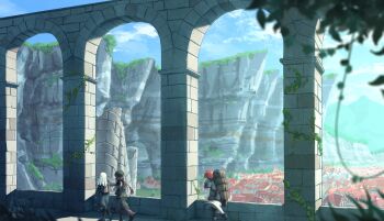 3girls ange_katrina arch backpack bag black_boots blue_sky blurry blurry_foreground boots bridge brown_bag brown_hair brown_tail cliff coat commentary_request day dog_tail grey_coat grey_hat hat highres inui_toko ivy katsu_of_shiro lize_helesta long_hair long_sleeves low_twintails multiple_girls nijisanji outdoors page_of_lambda plant red_hair sanbaka_(nijisanji) short_hair sky stone_wall tail town twintails twitter_username very_long_hair virtual_youtuber walking watermark white_coat white_hair wide_shot