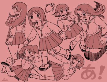 Rule 34 | 1other, 6+girls, azumanga daioh's school uniform, azumanga daiou, commentary, dog, ebiebi, flat color, floating, full body, glasses, highres, kagura (azumanga daioh), kasuga ayumu, long hair, mihama chiyo, mihama chiyo's father, mizuhara koyomi, monochrome, multiple girls, open mouth, pink theme, pleated skirt, rectangular eyewear, sailor collar, sakaki (azumanga daioh), school uniform, short hair, skirt, untranslatable commentary, tadakichi-san, takino tomo, twintails
