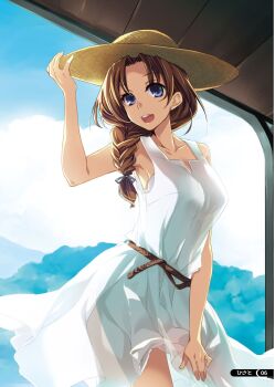 Rule 34 | 1girl, :d, blue eyes, braid, breasts, brown hair, dress, hasuma kanae, hat, highres, hisato ar, large breasts, looking at viewer, medium hair, official art, open mouth, rope belt, scan, smile, solo, sun hat, sundress, tsumamigui, tsumamigui (series), white dress