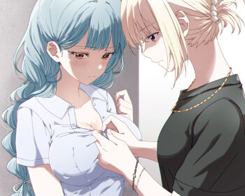 2girls adjusting_another's_clothes against_wall arm_at_side averting_eyes bang_dream! bang_dream!_it's_mygo!!!!! black_sleeves blonde_hair blue_hair blush bracelet braid breasts buttoning buttons chain chain_bracelet cleavage closed_mouth collarbone collared_shirt commentary_request ear_blush fingernails gradient_background grey_background grey_shirt hair_behind_ear hair_ornament hair_ribbon hair_scrunchie hand_up hands_up jewelry large_breasts long_hair looking_at_another looking_down looking_to_the_side low_twin_braids low_twintails misumi_uika multiple_girls necklace official_alternate_costume official_alternate_hairstyle partially_unbuttoned ponytail profile purple_eyes revision rhapsode ribbon scrunchie shade shirt short_hair short_ponytail short_sleeves sideways_glance togawa_sakiko twin_braids twintails upper_body white_background white_ribbon white_scrunchie yellow_eyes yuri