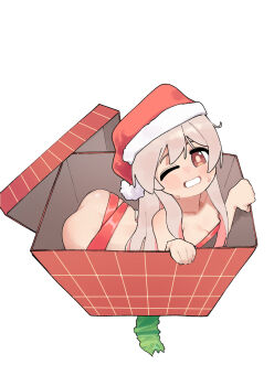 1girl ;d araimelon ass blush box breasts brown_eyes collarbone commentary english_commentary fur-trimmed_headwear fur_trim gift gift_box hat highres in_box in_container loli long_sleeves looking_at_viewer naked_ribbon one_eye_closed onii-chan_wa_oshimai! open_mouth oyama_mahiro pink_hair pom_pom_(clothes) red_hat red_ribbon ribbon santa_hat simple_background small_breasts smile solo sweat white_background