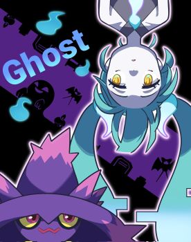 1girl blue_hair colored_sclera colored_skin commentary gen_1_pokemon gen_4_pokemon gen_5_pokemon ghost_miku_(project_voltage) glitch grey_shirt hatsune_miku highres hitodama litwick long_hair looking_at_another looking_up mismagius nintendo official_alternate_costume official_alternate_hairstyle parted_lips pokemon pokemon_(creature) pokemon_tower_ghost poyo_party project_voltage red_eyes shirt sleeveless sleeveless_shirt smile tombstone twintails upside-down vocaloid white_skin yellow_eyes yellow_sclera zubat