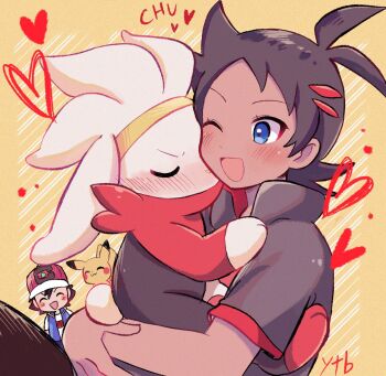 2boys antenna_hair ash_ketchum baseball_cap black_hair blue_eyes blue_vest blush closed_eyes gen_1_pokemon gen_8_pokemon goh_(pokemon) grey_shirt hat heart highres hug multiple_boys mutual_hug nintendo one_eye_closed open_clothes open_mouth open_vest orange_background pikachu pokemon pokemon_(anime) pokemon_(creature) pokemon_journeys raboot red_headwear shirt short_hair short_sleeves smile spiked_hair vest white_shirt yataba