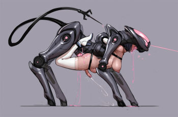 black_hair boots breasts commentary cum double_penetration ejaculating_while_penetrated ejaculation english_commentary erection from_side futanari grey_background heart high_heel_boots high_heels highres large_breasts nipples non-humanoid_robot nude original penis projectile_cum robot sex_machine sharp_tail simple_background solo stomach_bulge sweat tarakanovich thigh_boots uncensored very_sweaty white_boots