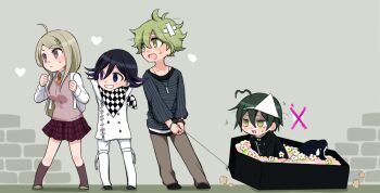 1girl 3boys ahoge akamatsu_kaede amami_rantaro antenna_hair aqua_hair arms_behind_head backpack bag bandaid bandaid_on_head belt belt_buckle black_footwear black_jacket black_scarf black_sleeves blonde_hair blue_shirt blue_sleeves brick_wall brown_bracelet brown_footwear brown_pants buckle buttons chain checkered_clothes checkered_scarf clenched_hands closed_mouth coffin collarbone collared_jacket collared_shirt crossed_bandaids danganronpa_(series) danganronpa_v3:_killing_harmony double-breasted dragging eyelashes fighting_stance flower fortissimo full_body green_eyes green_hair grin hair_between_eyes hair_ornament heart high_collar holding holding_string jacket jewelry kneehighs knees light_blush light_frown long_hair long_sleeves looking_ahead medetai miniskirt motion_lines multiple_boys musical_note musical_note_hair_ornament necktie oma_kokichi open_belt open_mouth orange_necktie pants pendant pink_vest pinstripe_jacket pinstripe_pattern plaid_clothes plaid_skirt pleated_skirt purple_eyes purple_hair purple_skirt purple_socks saihara_shuichi scarf shirt shoes short_hair skirt smile socks standing string striped_clothes striped_shirt sweatdrop thigh_belt thigh_strap triangular_headpiece two-tone_scarf undershirt v-shaped_eyebrows vertical-striped_sleeves vest white_bag white_belt white_flower white_jacket white_pants white_scarf white_shirt white_sleeves