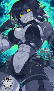 1girl abs bikini bilingual_commentary black_bikini black_gloves black_hair black_nails black_sclera breasts colored_sclera colored_skin commentary commission cowboy_shot earrings english_commentary facial_mark fingernails furry furry_female gloves grey_skin grin hand_up highleg highleg_bikini highres jewelry large_breasts looking_at_viewer matsumoto_tomoyohi mixed-language_commentary multicolored_hair muscular muscular_female navel original parted_bangs partially_fingerless_gloves pointy_ears sharp_teeth short_hair skeb_commission smile solo streaked_hair swept_bangs swimsuit teeth white_streaks yellow_eyes