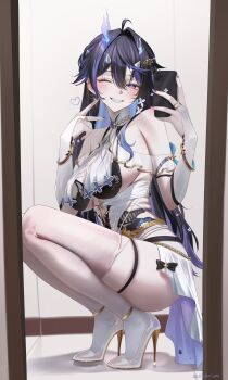 +_+ 1girl absurdres ahoge artist_name bare_shoulders black_bra black_hair blush bra bracelet breast_curtains breasts bridal_gauntlets cellphone chain colored_inner_hair commentary elbow_gloves fire flower full-length_mirror full_body gloves gold gold_bracelet gold_chain gold_trim gradient_fire grin hair_between_eyes hair_flower hair_intakes hair_ornament halterneck hands_up head_tilt heart high_heels highres holding holding_phone horns indoors jewelry large_breasts legs legs_folded long_hair looking_at_mirror looking_at_viewer miniskirt mirror mole mole_under_eye multicolored_hair nail_polish one_eye_closed parted_lips phone pixela_project purple_eyes purple_fire purple_nails purple_streaks reflection reflection_focus selfie shokos4n sideboob sidelocks sisira_hydrangea skirt small_horns smartphone smile squatting star_(symbol) streaked_hair symbol-only_commentary symbol-shaped_pupils taking_picture teeth thighhighs thighs two-sided_fabric underboob underwear v very_long_hair virtual_youtuber white_gloves white_skirt white_thighhighs