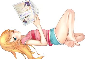 1girl aqua_eyes aqua_shorts bare_legs barefoot blush book closed_mouth commentary dizzy_(nadecola9) dolphin_shorts english_commentary feet from_side frown full_body hair_ornament hair_spread_out hairclip hand_up highres holding holding_book kissxsis knee_up kousaka_kirino long_hair looking_at_viewer lying on_back one_eye_closed open_book orange_hair ore_no_imouto_ga_konna_ni_kawaii_wake_ga_nai pink_shirt shirt short_shorts short_sleeves shorts simple_background soles solo thighs toes white_background