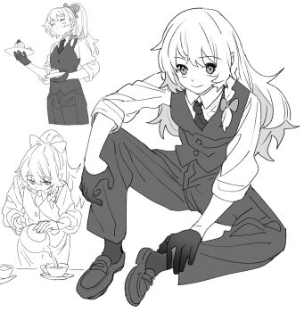 1girl alternate_costume bow braid butler cake cake_slice closed_eyes closed_mouth collared_shirt commentary_request cup female_butler food gloves greyscale hair_bow highres holding holding_teapot kirisame_marisa loafers long_hair long_sleeves looking_at_viewer mero_(starfish_jcs) monochrome multiple_views necktie no_headwear pants pouring saucer shirt shoes side_braid single_braid smile socks teacup teapot touhou vest