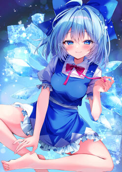 1girl absurdres blue_bow blue_dress blue_eyes blue_hair blue_wings bow breasts cirno closed_mouth commentary_request dress hair_bow highres ice ice_wings looking_at_viewer medium_breasts nenobi_(nenorium) short_hair smile solo thighs touhou wings
