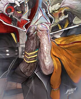 2boys absurdres artist_name banyue_(zenless_zone_zero) barayot billy_kid black_pants blush commentary english_commentary erection frottage grey_hair highres jacket male_focus multiple_boys pants penis red_jacket robot robot_penis sweat white_hair yaoi zenless_zone_zero