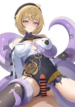 1boy 1girl absurdres bar_censor beret black_hat blonde_hair blush breasts censored cleavage closed_mouth commentary_request erection green_pupils hat highres icetea_art large_breasts looking_at_viewer mole mole_under_mouth monster_girl multicolored_hair penis purple_eyes scylla short_hair simple_background single_thighhigh smile solo_focus tentaclejob tentacles thighhighs thighs two-tone_hair white_background yidhari_murphy zenless_zone_zero