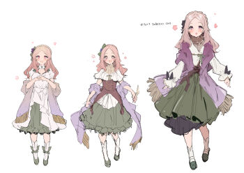 Rule 34 | 1girl, :d, :o, blush, breasts, brown hair, brown sweater, collarbone, commentary request, dress, flower-shaped pupils, forehead, fringe trim, green shoes, green skirt, hands up, highres, ikeuchi tanuma, jacket, long hair, long sleeves, medium breasts, multiple views, open mouth, ophelia (ikeuchi tanuma), original, own hands together, parted bangs, puffy long sleeves, puffy sleeves, red eyes, ribbed sweater, shawl, shoes, simple background, sketch, skirt, sleeves past wrists, smile, socks, sweater, symbol-shaped pupils, turtleneck, turtleneck sweater, white background, white dress, white jacket, white socks