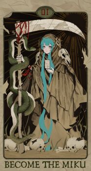 1girl aqua_eyes aqua_hair bone card_(medium) creature_request death_(tarot) dethmaid english_text hatsune_miku highres long_hair long_sleeves looking_at_viewer roman_numeral scythe skull snake solo tarot twintails very_long_hair vocaloid weapon