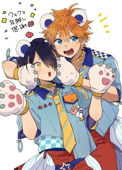 2boys akehoshi_subaru animal_ears animal_hands bear_ears belt_collar blue_eyes collar commentary cowboy_shot diagonal-striped_clothes diagonal-striped_necktie ensemble_stars! gloves hands_on_another's_cheeks hands_on_another's_face highres looking_at_viewer male_focus mitobinyo multicolored_hair multicolored_shirt multiple_boys necktie open_mouth orange_hair pants paw_gloves purple_hair red_pants sengoku_shinobu simple_background smile streaked_hair striped_clothes striped_necktie symbol-only_commentary teeth tongue white_background yellow_eyes yellow_necktie