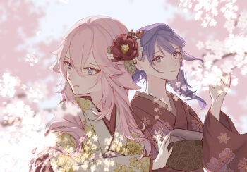 2girls alternate_costume alternate_hairstyle animal_ears blurry blurry_background cherry_blossoms commentary couple flower flower_ornament fox_ears fox_girl fruct0se_fa genshin_impact hair_between_eyes hair_flower hair_ornament hair_up highres japanese_clothes kimono long_sleeves mole mole_under_eye multiple_girls open_mouth outdoors pink_hair purple_eyes purple_hair raiden_shogun sash sky standing wide_sleeves yae_miko yuri