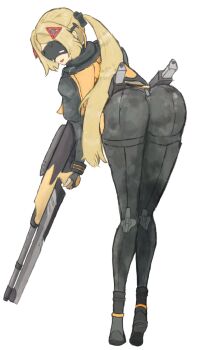 1girl ass black_gloves black_pants blindfold_mask blonde_hair breasts camouflage commentary_request covered_eyes fingerless_gloves gloves hair_ornament highres holding jacket long_hair mask open_mouth pants ponytail reiviatrus solo trigger_(zenless_zone_zero) weapon zenless_zone_zero