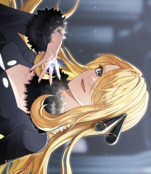1girl black_coat blonde_hair blurry blurry_background breasts cleavage coat collarbone cynthia_(pokemon) eyelashes eyes_visible_through_hair grey_eyes hair_over_one_eye highres jewelry long_hair medium_breasts mega_ring nintendo pokemon pokemon_dppt ring sakaralalala solo