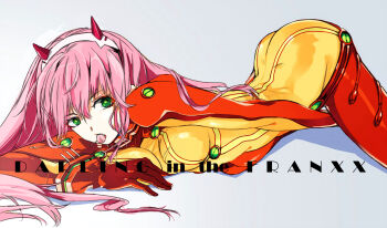 1girl ass asuka_langley_souryuu_(cosplay) bodysuit breasts butt_crack candy copyright_name cosplay cowboy_shot darling_in_the_franxx derivative_work english_text fang food food_in_mouth green_eyes hairband highres horns lollipop long_hair lying mecha_pilot_suit medium_breasts multicolored_bodysuit nid417 pink_hair plugsuit_(evangelion) red_bodysuit red_horns simple_background skin_tight solo test_plugsuit_(evangelion) two-tone_bodysuit white_background white_hairband yellow_bodysuit zero_two_(darling_in_the_franxx)