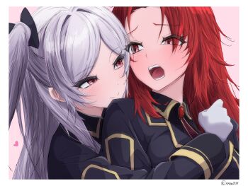 2girls absurdres alexia_midgar blush commentary_request gloves heart highres hug hug_from_behind implied_incest implied_yuri iris_midgar kage_no_jitsuryokusha_ni_naritakute! multiple_girls red_eyes red_hair ronron2439 siblings sisters smile white_gloves white_hair