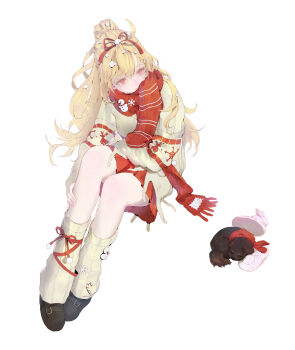 Rule 34 | 1girl, absurdres, ahoge, black cat, black shoes, blonde hair, cat, closed mouth, commentary, fringe trim, full body, gihyeon lee, hair ornament, hair ribbon, highres, invisible chair, jingburger, korean commentary, leg warmers, long hair, long sleeves, looking to the side, loose socks, miniskirt, pleated skirt, pom pom (clothes), ponytail, red eyes, red ribbon, red scarf, red skirt, ribbon, scarf, shoes, simple background, sitting, skirt, socks, solo, striped clothes, striped scarf, sweater, virtual youtuber, waktaverse, white background, white sweater