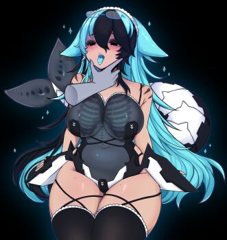 1girl 1other adoptable android blush breasts disembodied_hand eyewear_on_head fins fish_tail glasses highres houndeater large_breasts long_hair maid_headdress mole monster_girl multicolored_hair open_mouth original shark_girl shark_tail simple_background tail teeth thighhighs tongue tongue_out two-tone_hair very_long_hair wide_hips