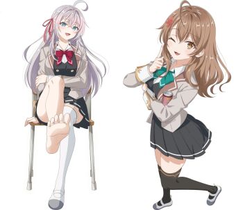 2girls ahoge alisa_mikhailovna_kujou bare_legs barefoot black_skirt black_socks black_thighhighs black_vest blazer blue_eyes blush bow breasts brown_eyes brown_hair can chair collared_shirt dot_nose feet female_focus full_body green_neckerchief grey_hair grey_jacket hair_bow hair_ribbon highres holding holding_can jacket large_breasts legs long_hair long_sleeves looking_at_viewer mariya_mikhailovna_kujou miniskirt multiple_girls neckerchief one_eye_closed open_mouth pink_bow pink_ribbon pleated_skirt red_neckerchief ribbon school_uniform seiren_academy_school_uniform sexually_suggestive shirt shirt_under_vest siblings simple_background sisters sitting skirt smile socks thighhighs thighs toes tokidoki_bosotto_roshia-go_de_dereru_tonari_no_alya-san tokidoki_bosotto_roshia-go_de_dereru_tonari_no_alya-san_puzzle_party! vest white_background white_shirt white_thighhighs wink