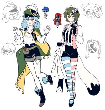 +_+ 2boys 2girls :d absurdres aleph_(reverse:1999) aleph_(reverse:1999)_(cosplay) animal_ears asymmetrical_legwear black_boots black_gloves black_shoes black_shorts black_vest blue_hair blue_pantyhose boots brown_hair cape chibi chibi_inset closed_mouth cosplay costume_switch fake_animal_ears gloves green_cape green_eyes green_hat hands_up hat hat_feather highres holding holding_microphone holding_quill long_hair looking_at_viewer low_twintails microphone mismatched_legwear mj_(zombie_high_school) mj_(zombie_high_school)_(cosplay) mossi_(mossi0816) multiple_boys multiple_girls newsboy_cap open_clothes open_mouth open_vest panties pantyhose pink_pantyhose pink_vest pyo_ih-yeon pyo_ih-yeon_(cosplay) quill recoleta_(reverse:1999) recoleta_(reverse:1999)_(cosplay) red_hair reverse:1999 shirt shoes short_hair shorts side_cape smile standing standing_on_one_leg striped_clothes striped_pantyhose striped_vest tail twintails underwear vertical-striped_clothes vertical-striped_vest vest white_background white_panties white_shirt yellow_eyes zombie_high_school