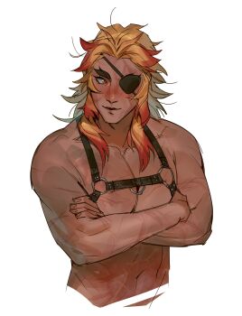 1boy absurdres alternate_skin_color blonde_hair blush closed_mouth collarbone commentary cropped_torso crossed_arms dark-skinned_male dark_skin english_commentary eyepatch highres kimetsu_no_yaiba light_smile looking_to_the_side male_focus medium_hair multicolored_hair navel nude pectorals red_hair rengoku_kyoujurou simple_background solo strap thick_eyebrows treslech3s two-tone_hair upper_body white_background