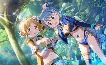 2girls anchor artist_request bamboo bare_shoulders belt belt_buckle bikini black_bridal_gauntlets black_ribbon black_thighhighs blonde_hair blue_bikini blue_eyes blue_gemstone blue_hair blue_jacket blue_nails blue_ribbon blue_sleeves bracelet braid breasts bridal_gauntlets brown_belt buckle center_opening cleavage collared_shirt cowboy_shot cropped_jacket cropped_shirt day detached_sleeves dot_nose drill_hair earrings feet_out_of_frame fingernails flower forest frilled_arm_warmers game_cg gem hair_flower hair_ornament hair_ribbon hair_tie high_collar highleg highleg_bikini highres holding jacket jewelry large_breasts layered_sleeves light_blush light_rays long_sleeves looking_at_object magia_record:_mahou_shoujo_madoka_magica_gaiden mahou_shoujo_madoka_magica mahou_shoujo_madoka_magica_magia_exedra medium_hair miki_sayaka miki_sayaka_(surfer_ver.) miniskirt moss multiple_girls musical_note musical_note_print nail_polish nature navel official_alternate_costume official_art open_clothes open_jacket open_mouth outdoors polka_dot polka_dot_ribbon ponytail puffy_short_sleeves puffy_sleeves ribbon ring rockpool shirt short_over_long_sleeves short_ponytail short_sleeves side_braid side_ponytail single_braid single_thighhigh skirt sleeveless sleeveless_jacket sleeves_past_wrists sparkle stomach stomach_jewel sunlight surprised sweatdrop swimsuit tareme thigh_strap thighhighs tomoe_mami tomoe_mami_(swimsuit_ver.) turtleneck turtleneck_jacket water waterfall white_arm_warmers white_flower white_shirt white_skirt white_sleeves yellow_bikini yellow_eyes yellow_jacket
