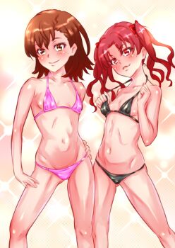 2021 20s 2girls bare_legs bare_shoulders bikini black_bikini blush bow breasts brown_eyes brown_hair cleft_of_venus collarbone feet_out_of_frame gluteal_fold hair_bow hair_ornament halterneck highres loli long_hair looking_at_viewer matching_hair/eyes misaka_mikoto multiple_girls navel nike_(0306) pink_bikini red_bow shirai_kuroko short_hair simple_background small_breasts smile standing stomach swimsuit toaru_kagaku_no_railgun toaru_majutsu_no_index twintails