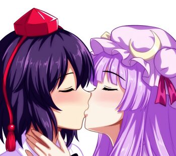 Rule 34 | 2girls, blush, closed eyes, commentary, crescent, crescent hat ornament, french kiss, hat, hat ornament, highres, kiss, mob cap, multiple girls, patchouli knowledge, pink hat, portrait, purple hair, red hat, shameimaru aya, shgngzhngdeyti1, shirt, simple background, tokin hat, touhou, white background, white shirt, yuri