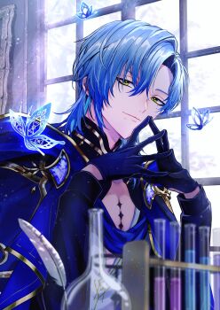 1boy absurdres blue_butterfly blue_cloak blue_gloves blue_hair bug butterfly cloak closed_mouth commentary_request gloves green_eyes hair_between_eyes highres indoors insect long_sleeves looking_at_viewer male_focus milan_kestrel milan_kestrel_(1st_costume) mole mole_under_eye mole_under_mouth multiple_moles nijisanji parted_bangs short_hair smile solo steepled_fingers test_tube test_tube_holster upper_body vial virtual_youtuber window xxcaaan