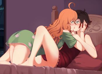 2girls ahoge arm_freckles ass between_legs black_hair blush body_freckles doll_joints eye_contact freckles french_kiss hair_between_eyes hands_on_another's_face highres hiwonoafu joints kiss long_hair looking_at_another multicolored_hair multiple_girls orange_hair pajamas penny_polendina red_hair ruby_rose rwby shoulder_freckles streaked_hair thighs yuri