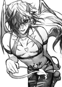 1boy blush boothill_(honkai:_star_rail) commentary ear_piercing english_commentary gender_transitioning greyscale heart heart_tail heart_tattoo highres honkai:_star_rail honkai_(series) horns male_focus mastectomy_scar monochrome multiple_piercings navel navel_piercing panties piercing pubic_hair pubic_tattoo revealing_clothes scar scar_on_chest simple_background solo tail tattoo thighhighs tongue torn_clothes torn_thighhighs underwear white_background wings xxxoncrack2069