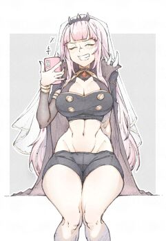 1girl black_cape black_shirt black_shorts breasts cape cellphone cleavage closed_eyes crop_top grin highres holding holding_phone hololive hololive_english igalimax large_breasts long_hair mori_calliope mori_calliope_(1st_costume) navel phone pink_hair see-through_clothes see-through_veil shirt short_shorts shorts smartphone smile solo spiked_cape teeth tiara veil virtual_youtuber