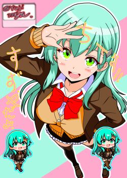 1girl absurdres aqua_eyes aqua_hair blush breasts brown_skirt cardigan character_name collared_shirt full_body green_background hair_between_eyes hair_ornament hairclip highres jacket kantai_collection large_breasts long_hair looking_at_viewer one-hour_drawing_challenge one_eye_closed open_mouth pink_eyes pleated_skirt school_uniform shirt signature skirt smile solo suzuya_(kancolle) suzuya_kai_ni_(kancolle) thighhighs twitter_username white_shirt yujimiya